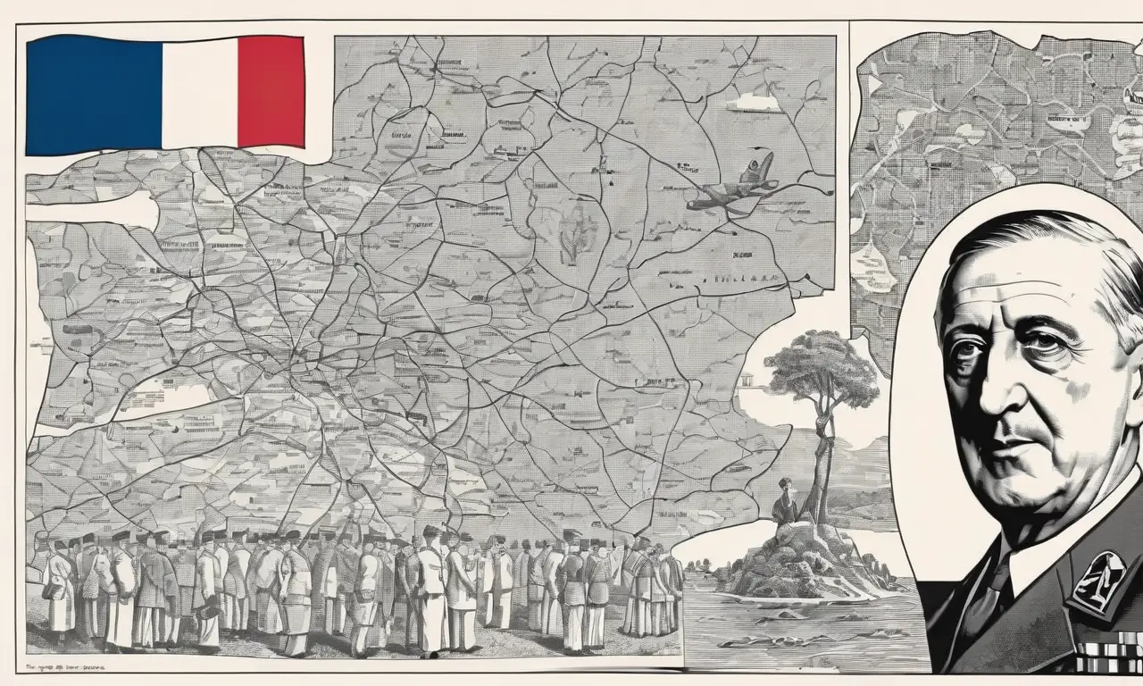 Imágenes audaces de Charles de Gaulle en un contexto de guerra, simbolizando unidad, resiliencia y libertad con colores dramáticos y elementos históricos
