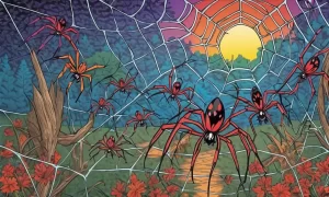 Un vibrante fondo que muestra arañas en poses dinámicas y coloridos paisajes