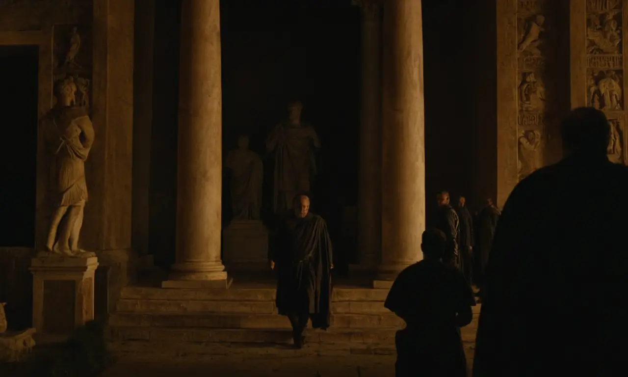 Un ambiente oscuro y dramático, repleto de intriga política y figuras en sombras, evoca la esencia de la antigua Roma y sus luchas por el poder