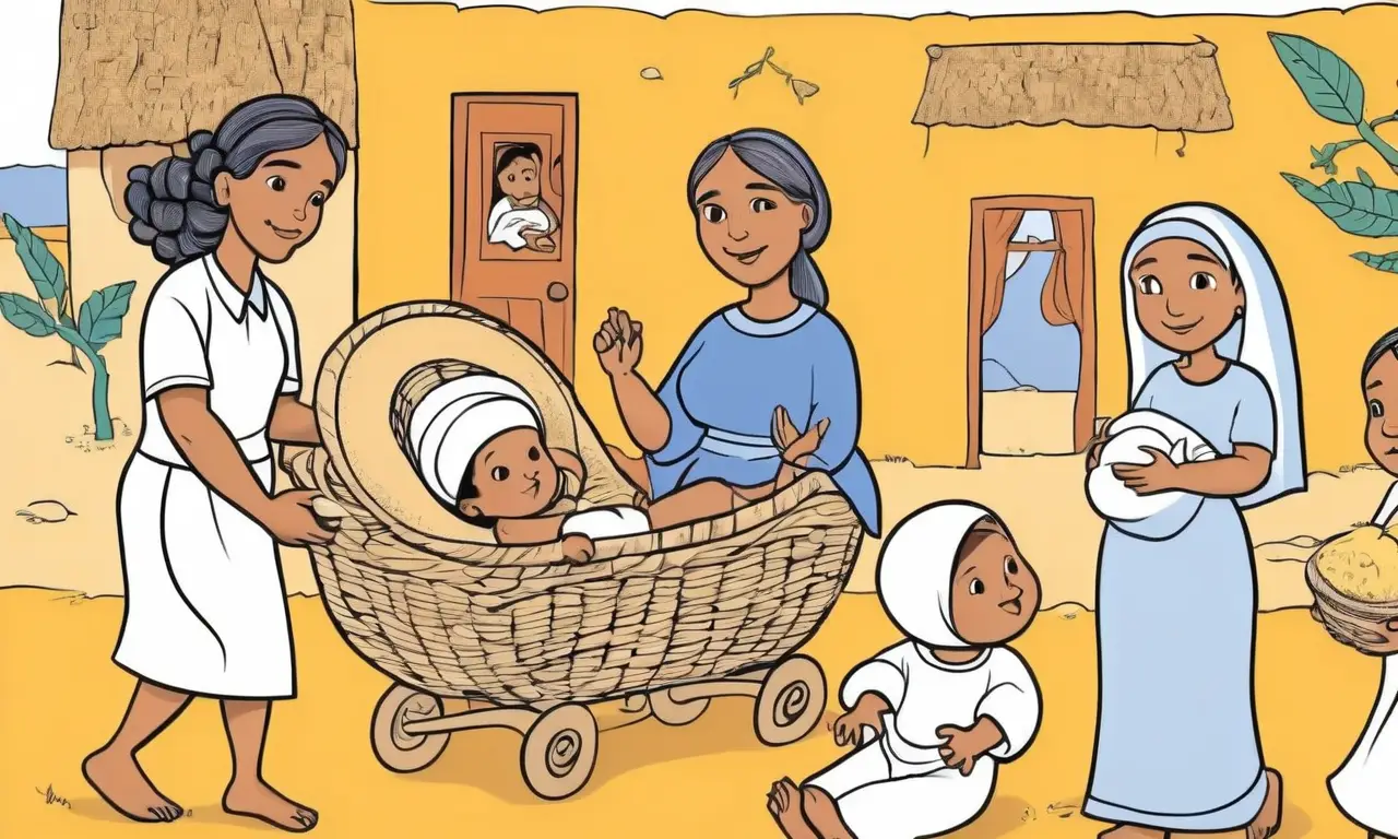 La Comadrona representa el arte de la partería en tiempos bíblicos, simbolizando el apoyo, la tradición familiar y la compasión en el parto, en un contexto de cuidado maternal y reverencia por la vida