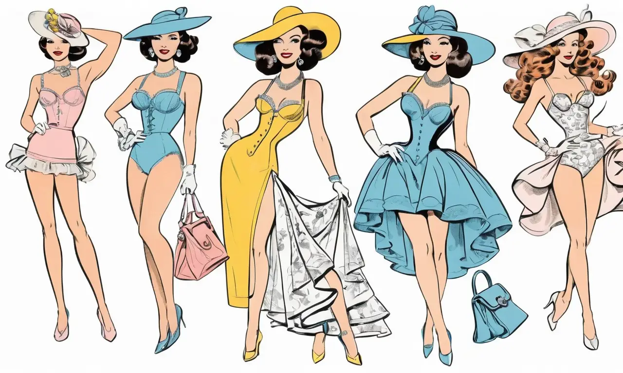 Ilustraciones vintage vibrantes que celebran la evolución de la lencería a través de la historia, destacando el estilo, el contexto cultural y anécdotas fascinantes