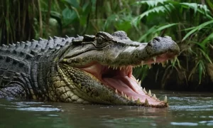 Una intensa escena de jungla tropical muestra un cocodrilo de agua salada amenazando a niños en peligro