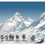 Majestuoso paisaje montañoso con picos nevados y la histórica conquista del Everest en 1953 por Hillary y Norgay