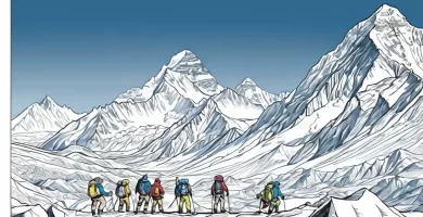 Majestuoso paisaje montañoso con picos nevados y la histórica conquista del Everest en 1953 por Hillary y Norgay