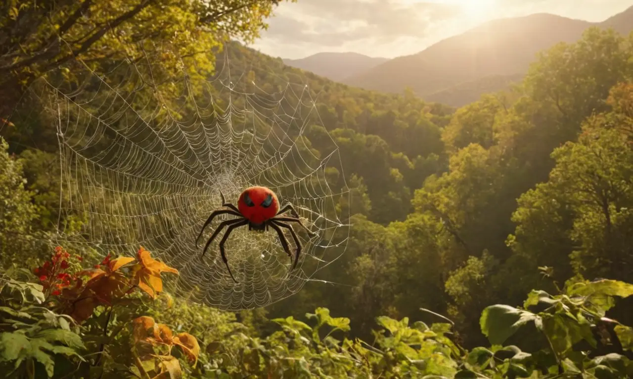 Una escena animada y colorida de arañas en un bosque, llena de movimiento dinámico, expresiones juguetonas y detalles humorísticos