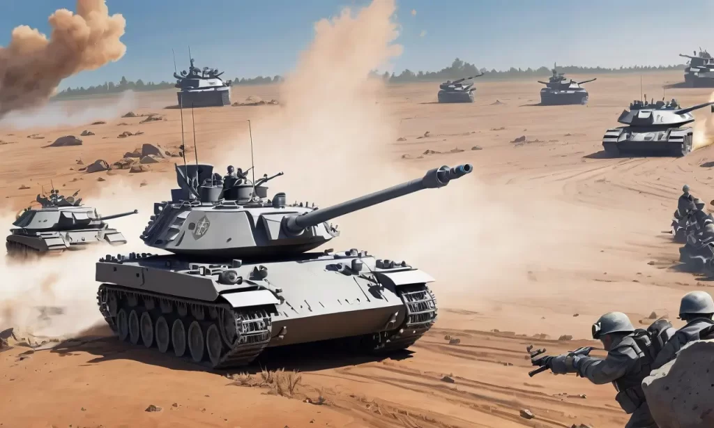 Escena de batalla intensa con tanques M1A1 en acción