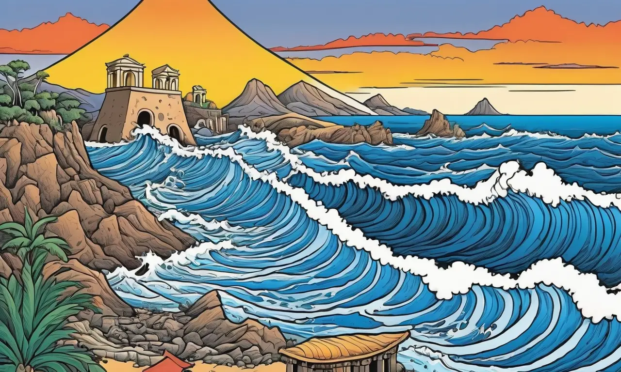El tsunami y la erupción volcánica en la isla de Thera provocaron la destrucción de una civilización, dejando ecos de belleza y significado arqueológico en paisajes dramáticos y turbulentas aguas