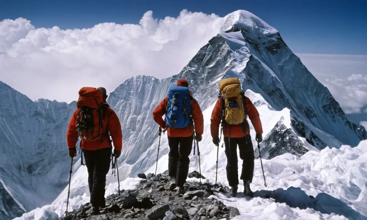 La cumbre del majestuoso Everest, conquistada por Hillary y Norgay en 1953, simboliza la perseverancia y el espíritu aventurero ante un paisaje imponente